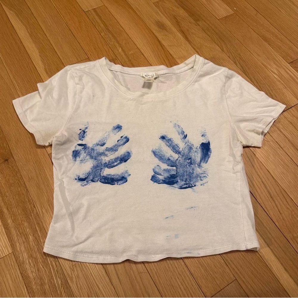 White Short-Sleeve Tee with Blue Handprint Graphic